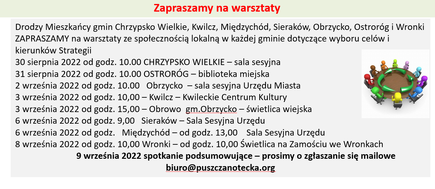 Zapraszamy na warsztaty Drodzy Mieszkańcy gmin Chrzypsko Wielkie, Kwilcz, Międzychód, Sieraków, Obrzycko, Ostroróg i Wronki ZAPRASZAMY na warsztaty ze społecznością lokalną w każdej gminie dotyczące wyboru celów i kierunków Strategii 30 sierpnia 2022 od godz. 10.00 CHRZYPSKO WIELKIE - sala sesyjna 31 sierpnia 2022 od godz. 10.00 OSTRORÓG - biblioteka miejska 2 września 2022 od godz. 10.00 Obrzycko - sala sesyjna Urzędu Miasta 3 września 2022 od godz. 10,00 - Kwilcz - Kwileckie Centrum Kultury 3 września 2022 od godz. 15,00 - Obrowo gm.Obrzycko - świetlica wiejska 6 września 2022 od godz. 9,00 Sieraków - Sala Sesyjna Urzędu 6 września 2022 od godz. Międzychód - od godz. 13,00 Sala Sesyjna Urzędu 8 września 2022 od godz. 10,00 Wronki - od godz. 10,00 Świetlica na Zamościu we Wronkach 9 września 2022 spotkanie podsumowujące - prosimy o zgłaszanie się mailowe biuro@puszczanotecka.org